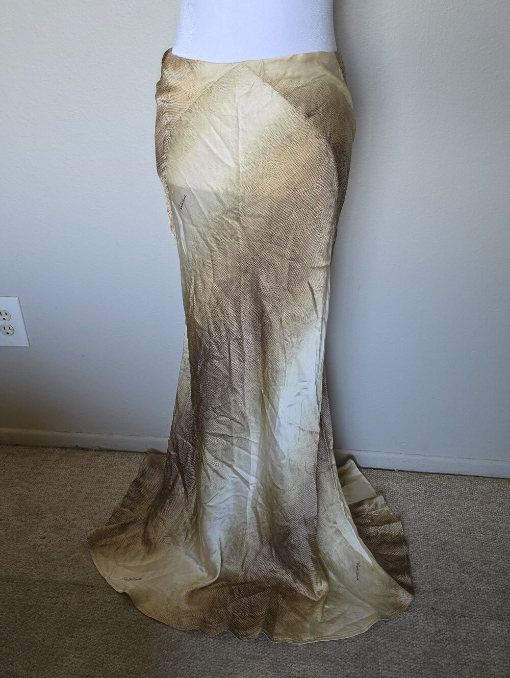 Vintage Roberto Cavalli 2000s Tan Python Print Silk Mermaid Maxi Dress Medium